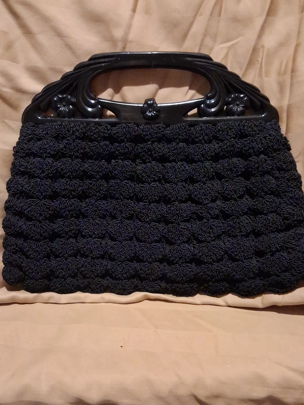 Black Handheld Crochet Evening Bag with Decorative Frame